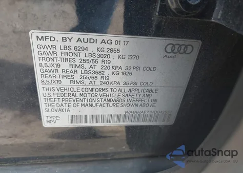 2017 Audi Q7 2.0T Premium from USA, damaged, VIN WA1AHAF71HD042537